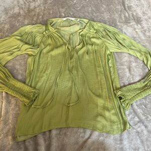 Rebecca Taylor avocado smocked tie neck sateen blouse